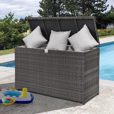 Large Outdoor Patio Storage Box, 120 Gallons Wicker Aluminum Frame Deck Box with Hinged Lid, All-Weather Rattan Storage Bin for Patio Cushions, Garden Tools and Pool Toys, Gray
